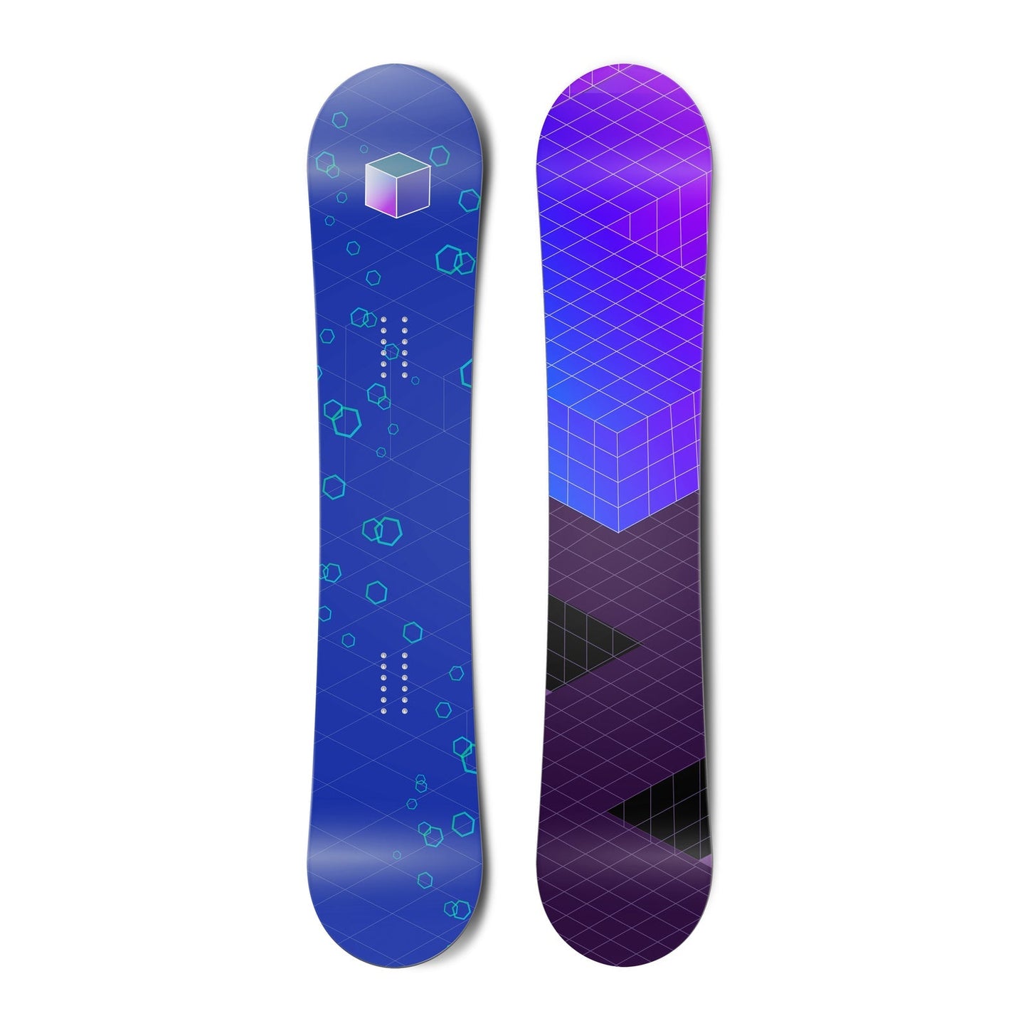 The top and bottom view of a snowboard.The top view is a gradient light purple and dark purple
with a cube geometric pattern. The bottom view blue with light blue octagon geometric pattern.